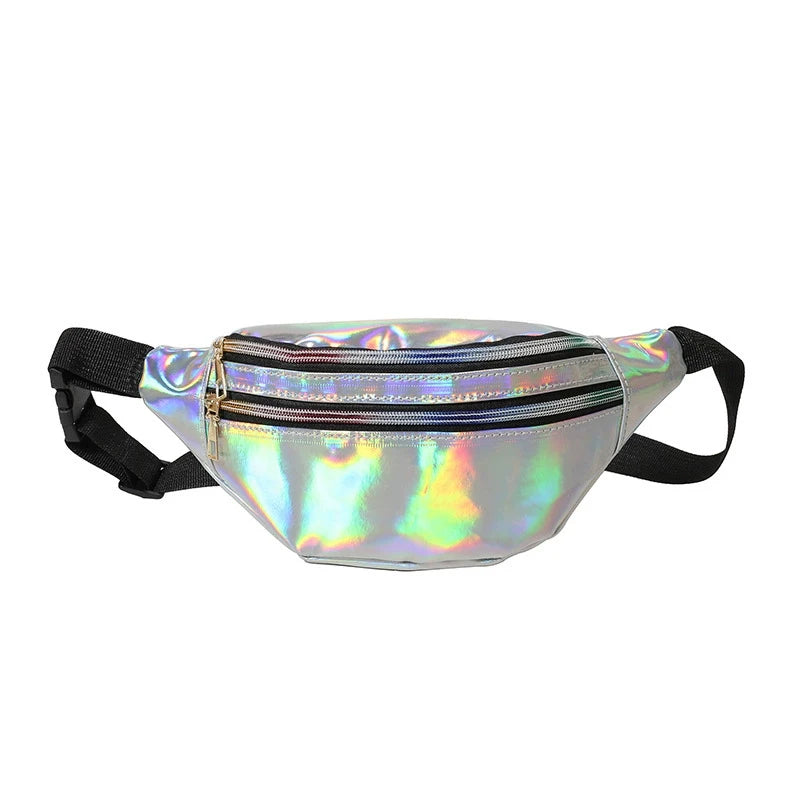 Riñonera de piel sintética para mujer y hombre, bandolera holográfica con láser, bandolera y bolso de pecho impermeable para deportes y etiquetas