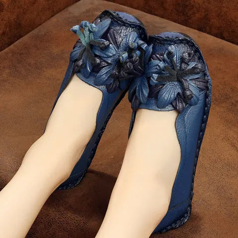 feerldi Damen Loafers – Handgefertigte Vintage Flats aus echtem Leder, Slip-On Mokassins, Retro Ballet Flats für Frühling & Herbst