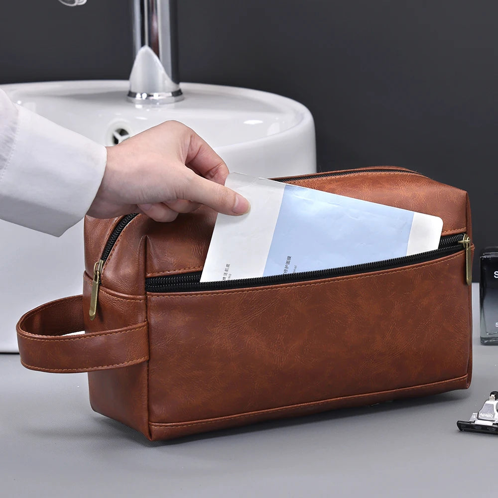 Herren Leder Kulturbeutel – Große Reise &amp; Business Kosmetiktasche, wasserfeste Waschtasche mit Griff