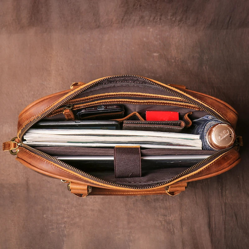 LUOKIR Vintage Herren Aktentasche aus echtem Crazy-Horse-Rindsleder – Schlichte Business- & Laptoptasche für 14 Zoll, Dokumentenmappe für Büro & Alltag