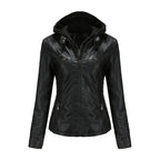 Damen PU Motorrad-Lederjacke mit Kapuze – Schwarze Biker Jacke aus Faux Leather, Herbst & Winter Mantel für Frauen XS–7XL
