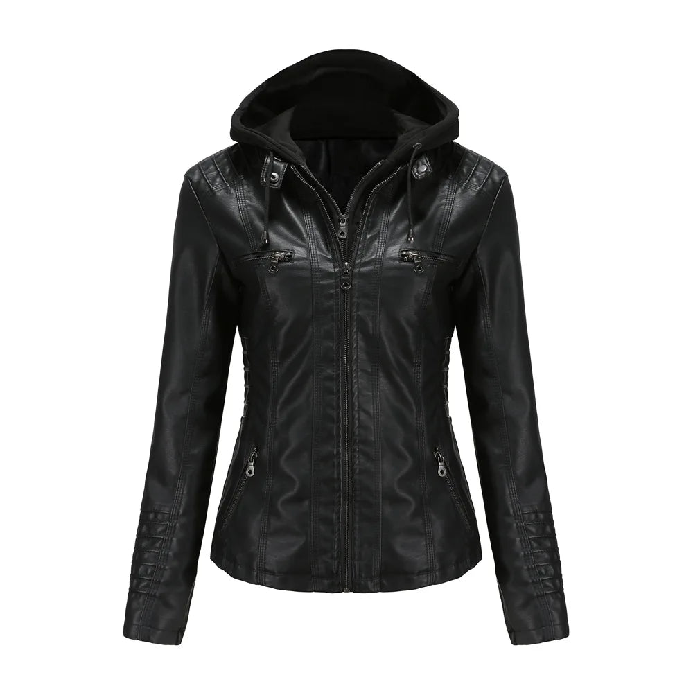 Damen PU Motorrad-Lederjacke mit Kapuze – Schwarze Biker Jacke aus Faux Leather, Herbst & Winter Mantel für Frauen XS–7XL