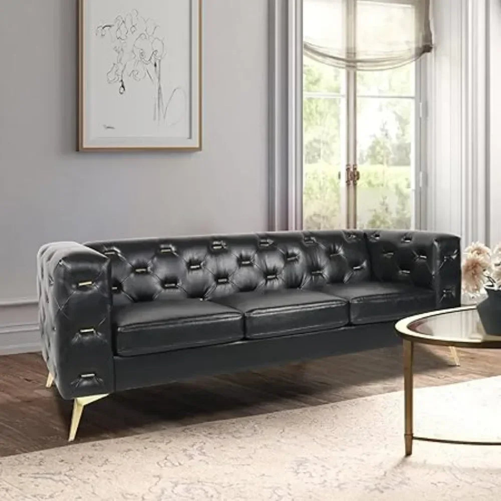 Mid-Century Chesterfield Sofa aus Kunstleder – Moderner 3-Sitzer Ledersofa mit gepolsterten Sitzkissen & stabilem Holzrahmen