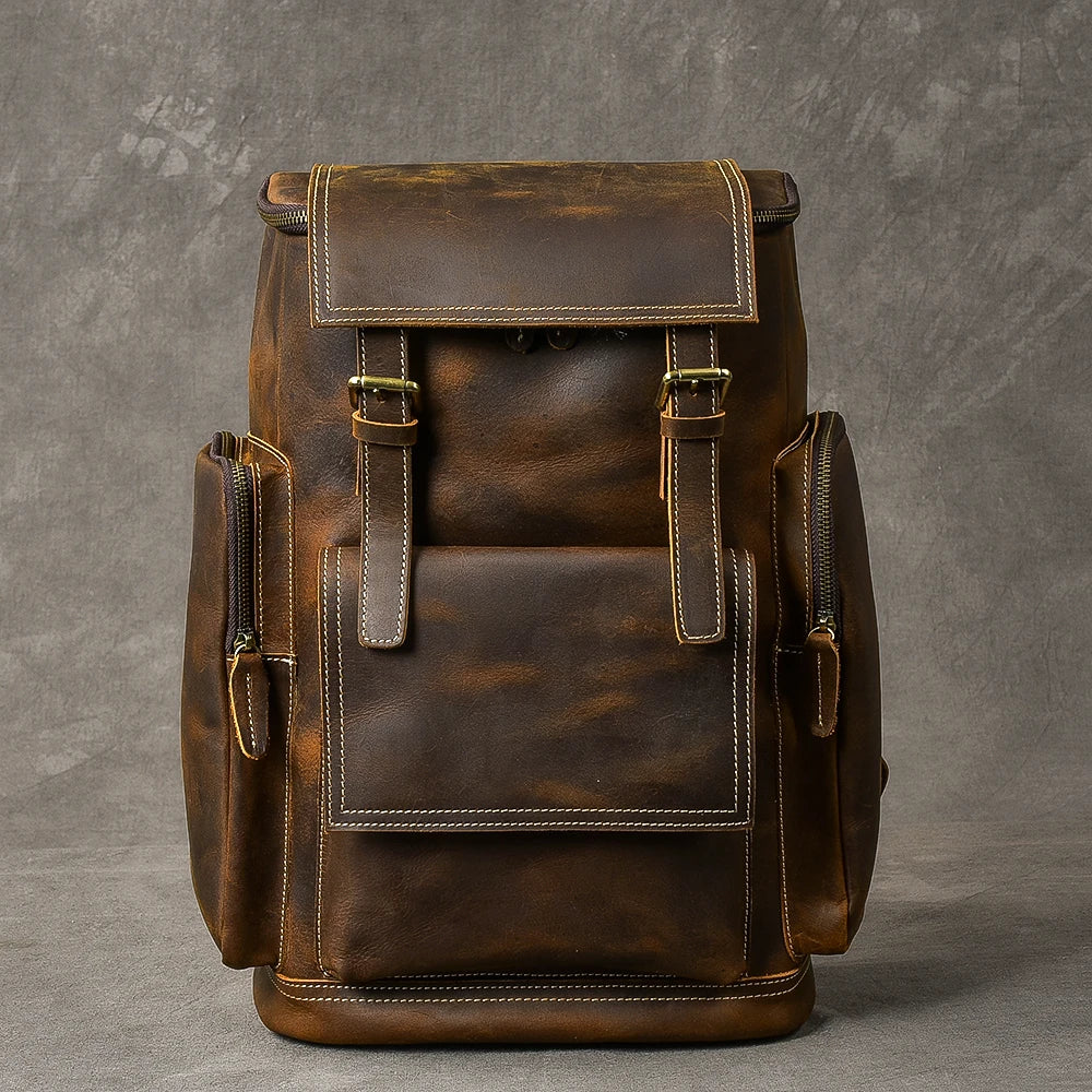MUNUKI Vintage Crazy Horse Leder Rucksack Herren – Großer Kletter- &amp; Hiking-Rucksack aus echtem Rindsleder (Modell M-814) 