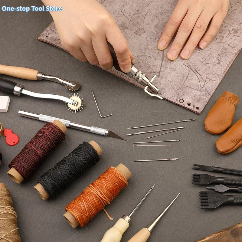 Leder Näh- & Werkzeugset – Leather Craft Stitching & Repair Kit mit gewachstem Faden, Ahle & Groover für Anfänger & Profis