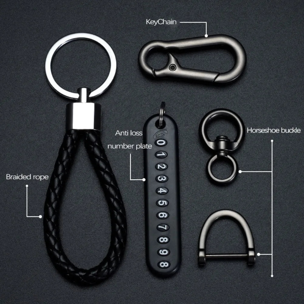 Trendiger DIY Leder-Schlüsselanhänger mit geflochtenem Seil – Anti-Verlust Keychain for Auto &amp; Motorrad, schlichter Keyring mit Metallring in Schwarz 