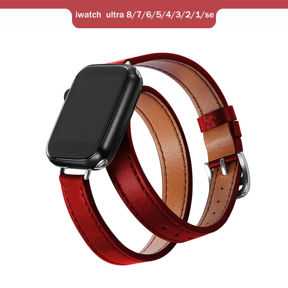 Brazalete de cuero de doble recorrido para Apple Watch Ultra y Series: brazalete de cuero premium para 49 mm, 45 mm, 44 mm, 42 mm, 41 mm, 40 mm y 38 mm 