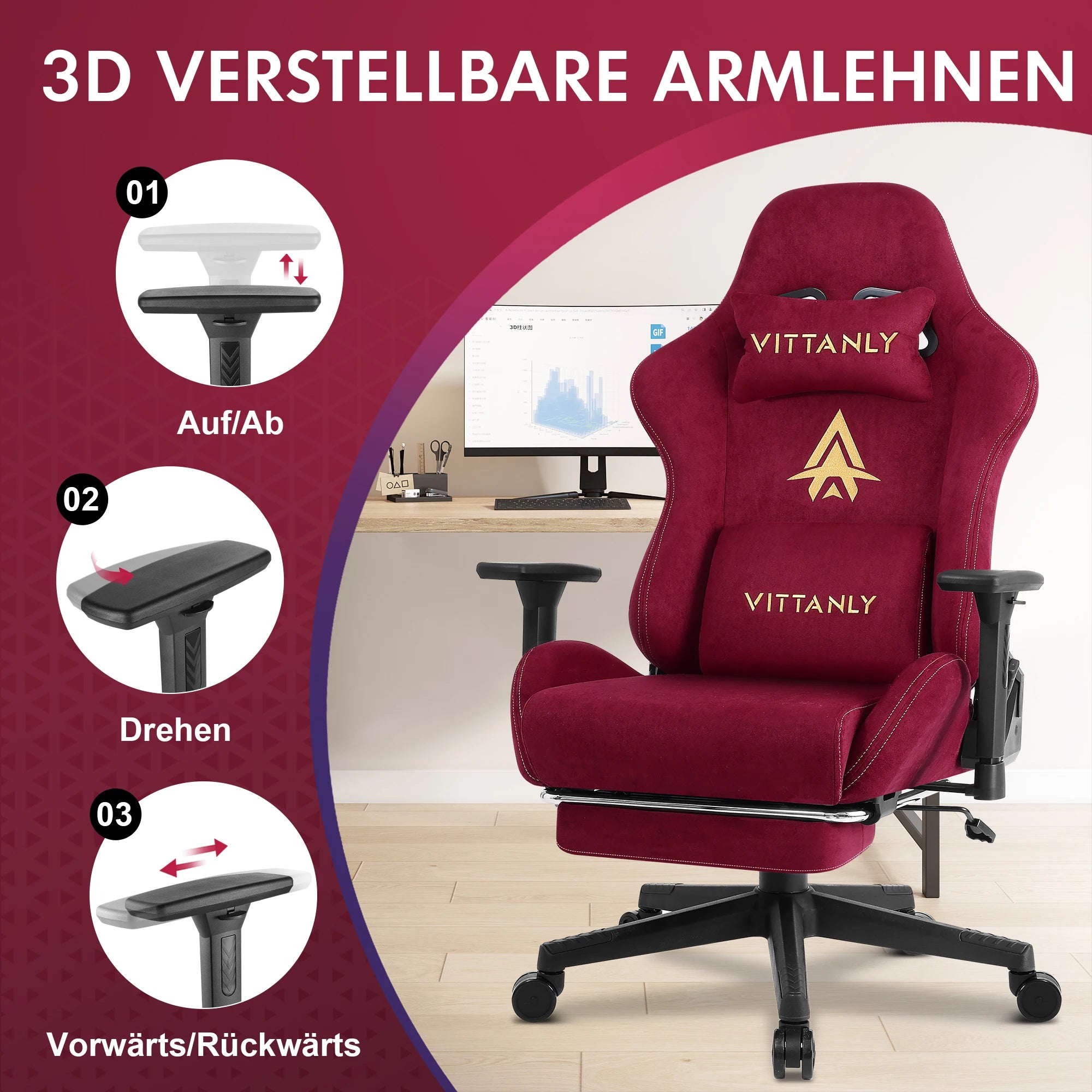 Ergonomischer Gaming Stuhl Rot – Höhenverstellbarer Racing Bürostuhl aus Wildleder mit Drehfunktion, Armlehnen & Rollen