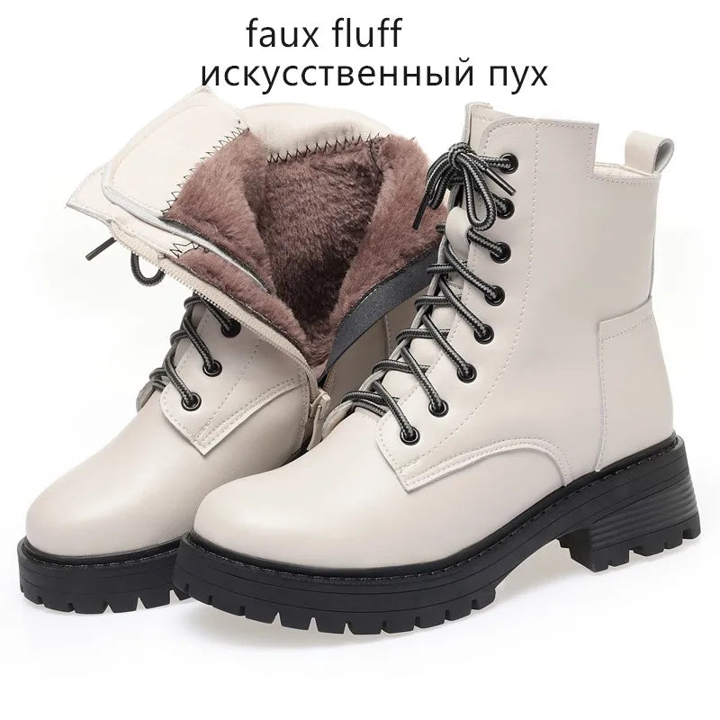 Bottes de neige d'hiver pour femmes en cuir véritable – Bottines chaudes et rutschfeste avec Kunstfellfutter, Blockabsatz &amp; Reißverschluss, Größen 35–43 