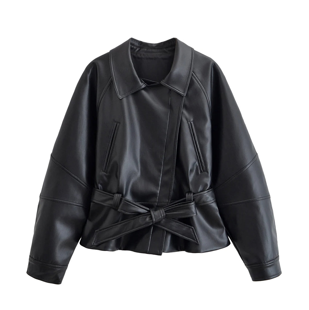 HH Damen Schwarzer PU Leder Kurz-Trenchcoat – Vintage Kunstlederjacke mit Gürtel, élégante veste de moto pour l'hiver et l'hiver 