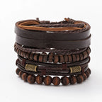 Vintage Lederarmband für Herren – Mehrfach geflochtenes Armband mit braunen Holzperlen, verstellbares Zugband im klassischen Stil