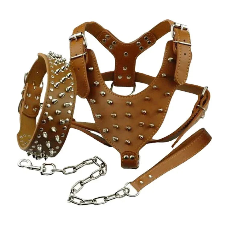 3-teiliges Leder Hunde-Set mit Spikes – Verstellbares Harness, Halsband & Leine im Punk-Design für Training & Spaziergang