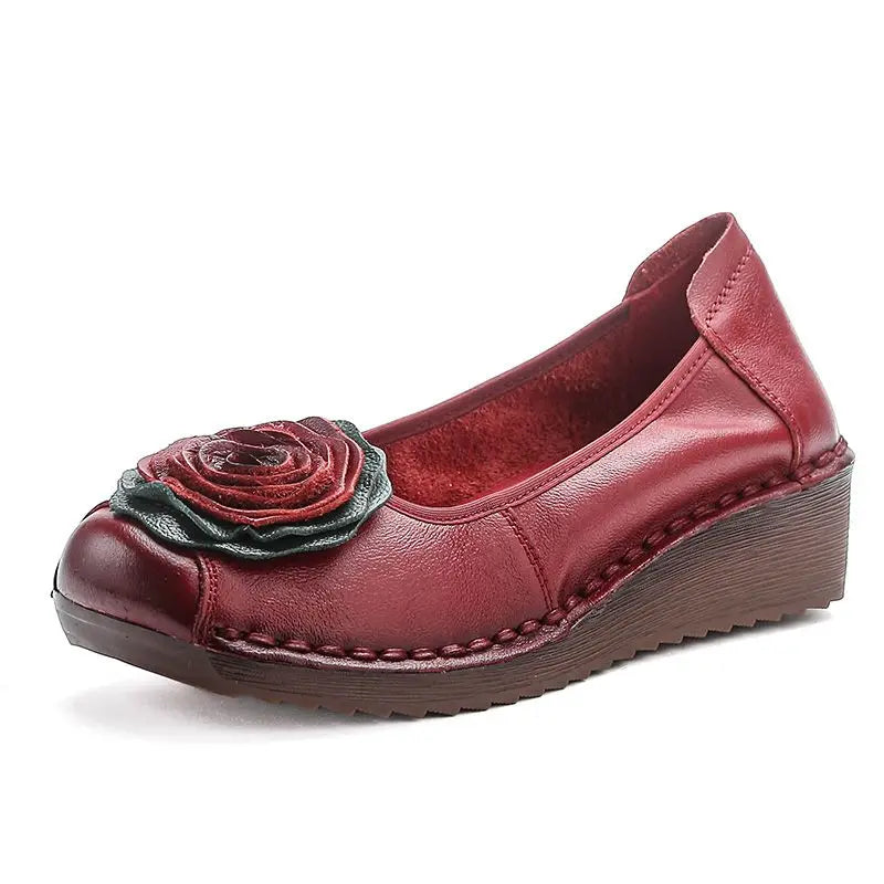 Lorilury Damen Leder Flats 2024 – Handgefertigte Blumen-Ballerinas aus echtem Rindsleder, Retro Wedged Loafers, Weiche Dressy Moccasins
