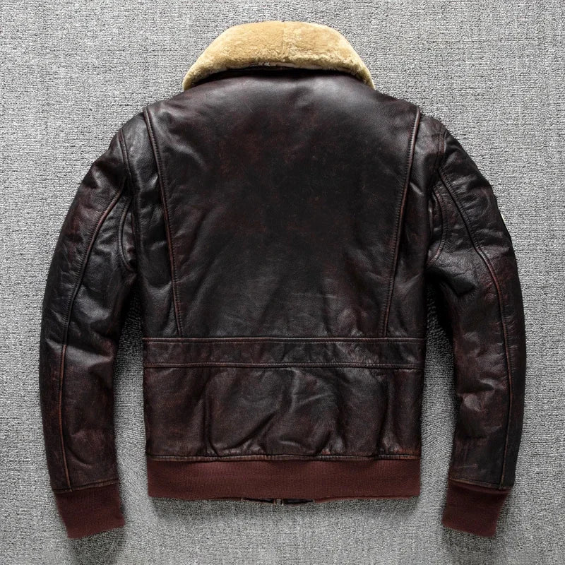 Herren G1 Fliegerlederjacke aus echtem Rindsleder – Braune Air-Force Pilotenjacke mit abnehmbarem Fellkragen, Winter Militärjacke bis 6XL