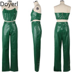 Sexy PU Leder Damen 2-Teiliges Set – Trägerloses Crop Top & High Waist Hose mit weitem Bein, edles Party & Club Outfit