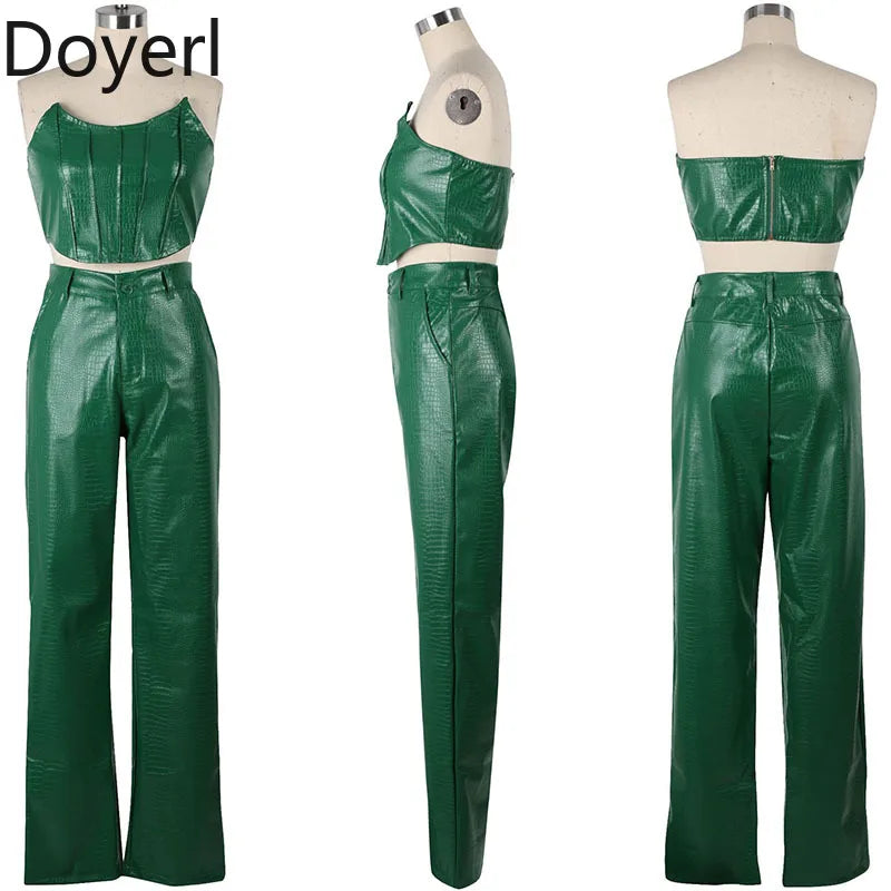 Sexy PU Leder Damen 2-Teiliges Set – Trägerloses Crop Top & High Waist Hose mit weitem Bein, edles Party & Club Outfit