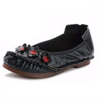 feerldi Damen Vintage Leder Flats WB-56 – Handgefertigte Blumen-Moccasins, Slip-On Ballerinas für Alltag und Freizeit, Lila Loafers in Größe 42