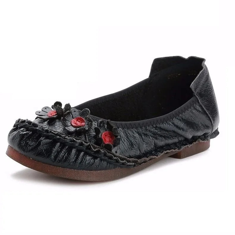 feerldi Damen Vintage Leder Flats WB-56 – Handgefertigte Blumen-Moccasins, Slip-On Ballerinas für Alltag und Freizeit, Lila Loafers in Größe 42