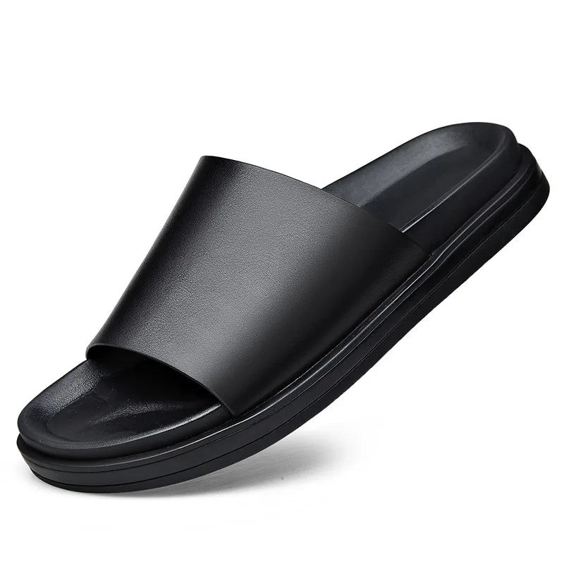 BPOXE Herren Leder Slipper 2025 – Echtleder Flip-Flops mit dicker Sohle, rutschfest, schwarze Sommer Sandalen für Alltag & Business-Casual