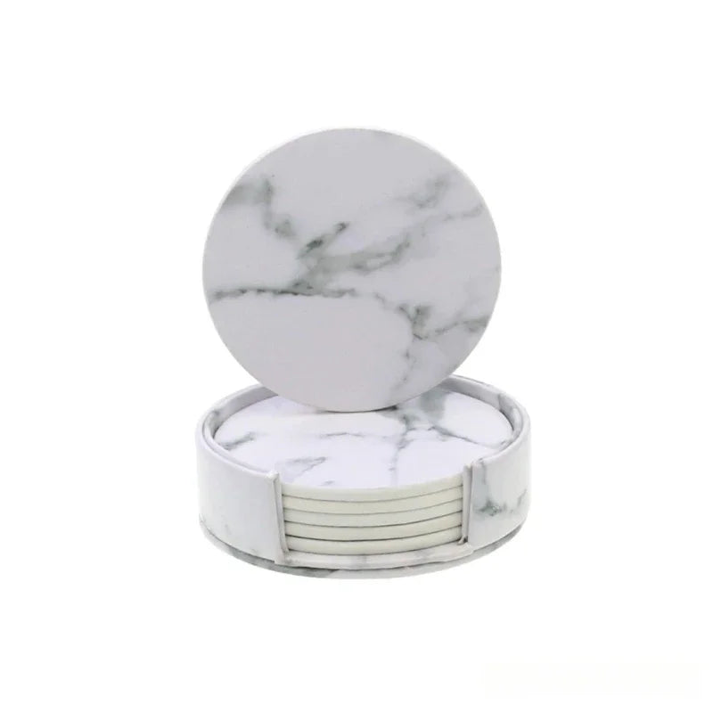 6er Set Marmor Leder Untersetzer – Doppelseitige Kunstleder Kaffeeuntersetzer, öl- & wasserabweisend, hitzebeständig (Ø 10 cm)
