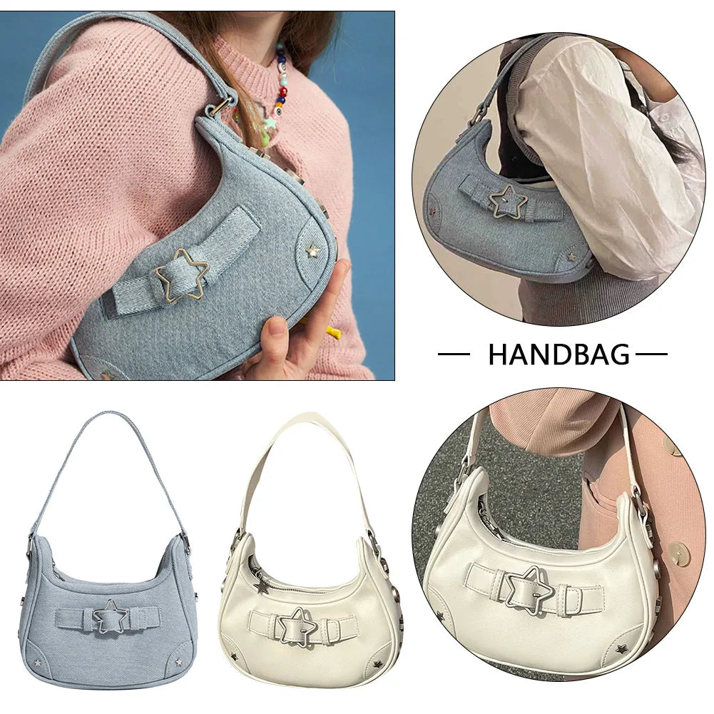 Sac à bandoulière vintage Y2K pour femme – Sac hobo en denim rétro avec design arrière, fermeture éclair et couleur unie