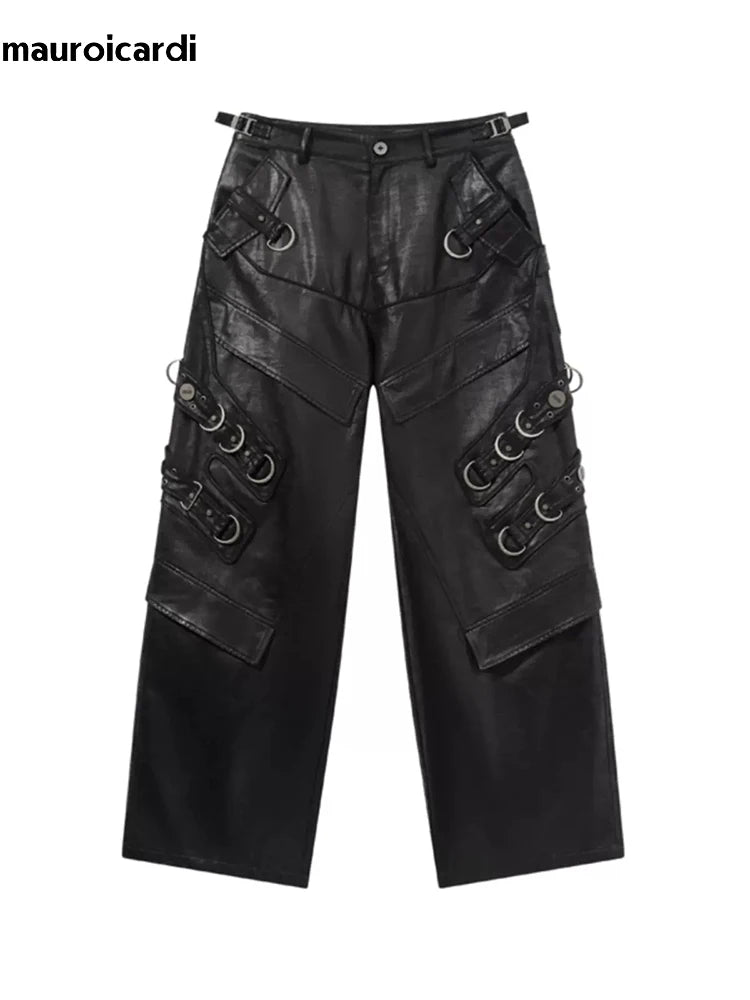 Pantalon en cuir PU pour hommes, style automobile – Lange schwarze Designer Kunstlederhose, maskuline Casual Lederhose für Frühling &amp; Herbst 2024