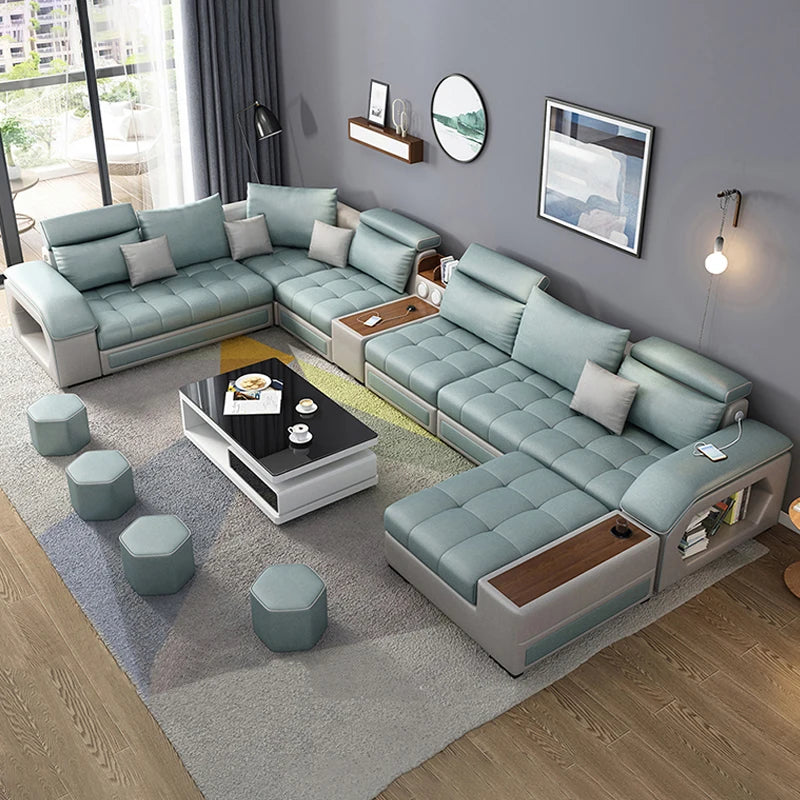 Modernes U-förmiges Sofa-Bett aus Leder & Samt – 7-teiliges Designer Wohnlandschaft-Set für höchsten Komfort