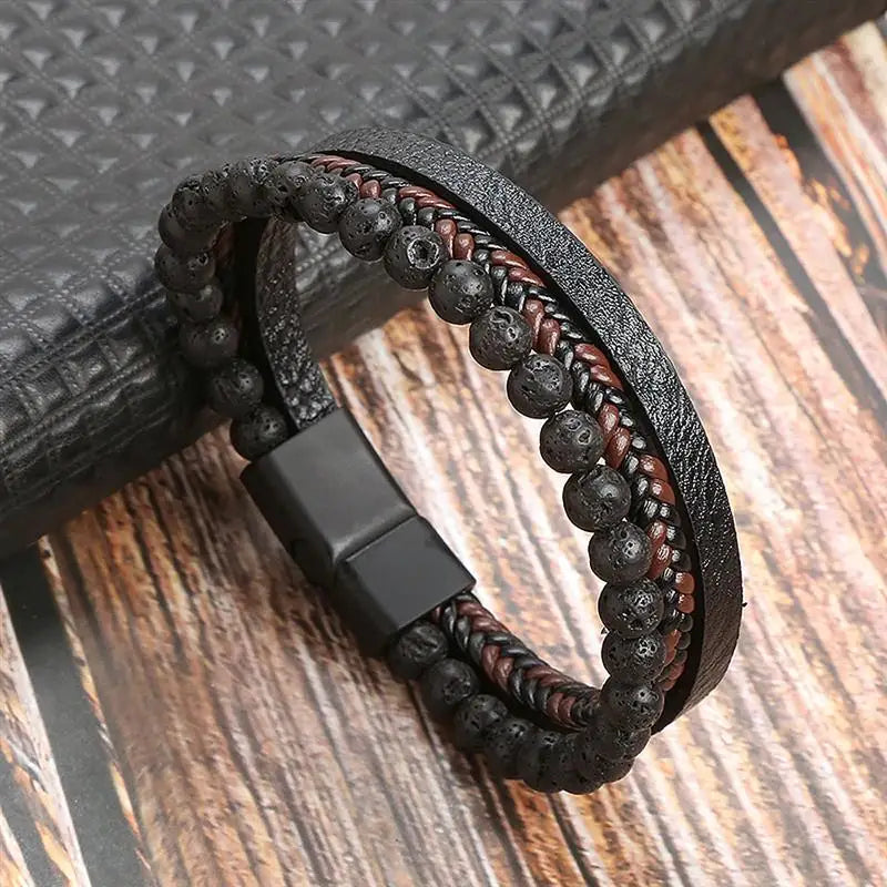 Klassisches Herren Lederarmband – Handgeflochtenes Multi-Layer Armband mit Magnetverschluss im modernen Punk-Style