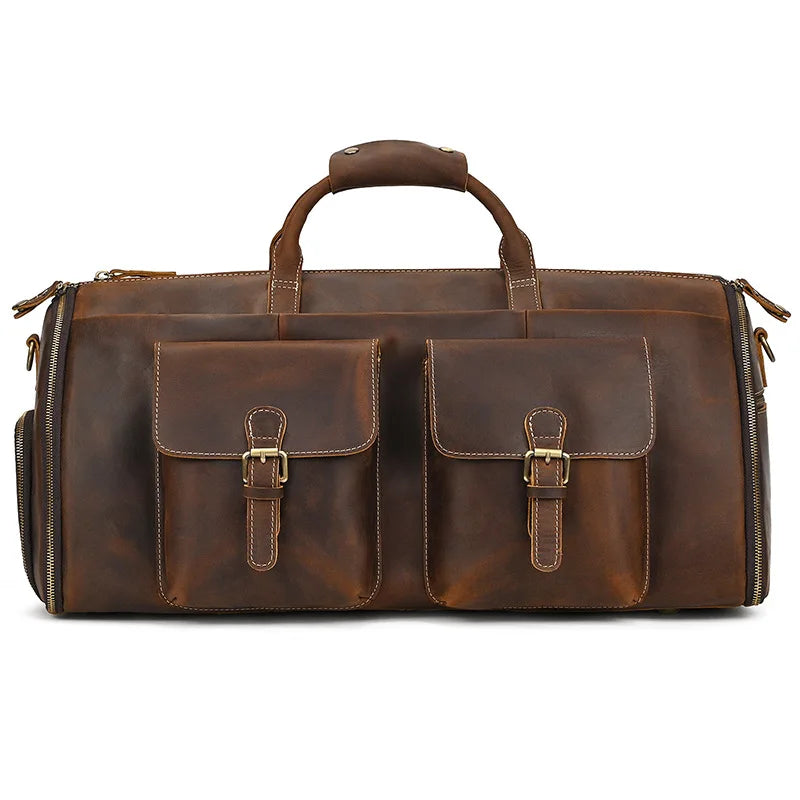 QINGWU Große Leder Reisetasche für Herren – Luxus Duffle &amp; Suit Bag aus echtem Rindsleder mit hartem Korpus 
