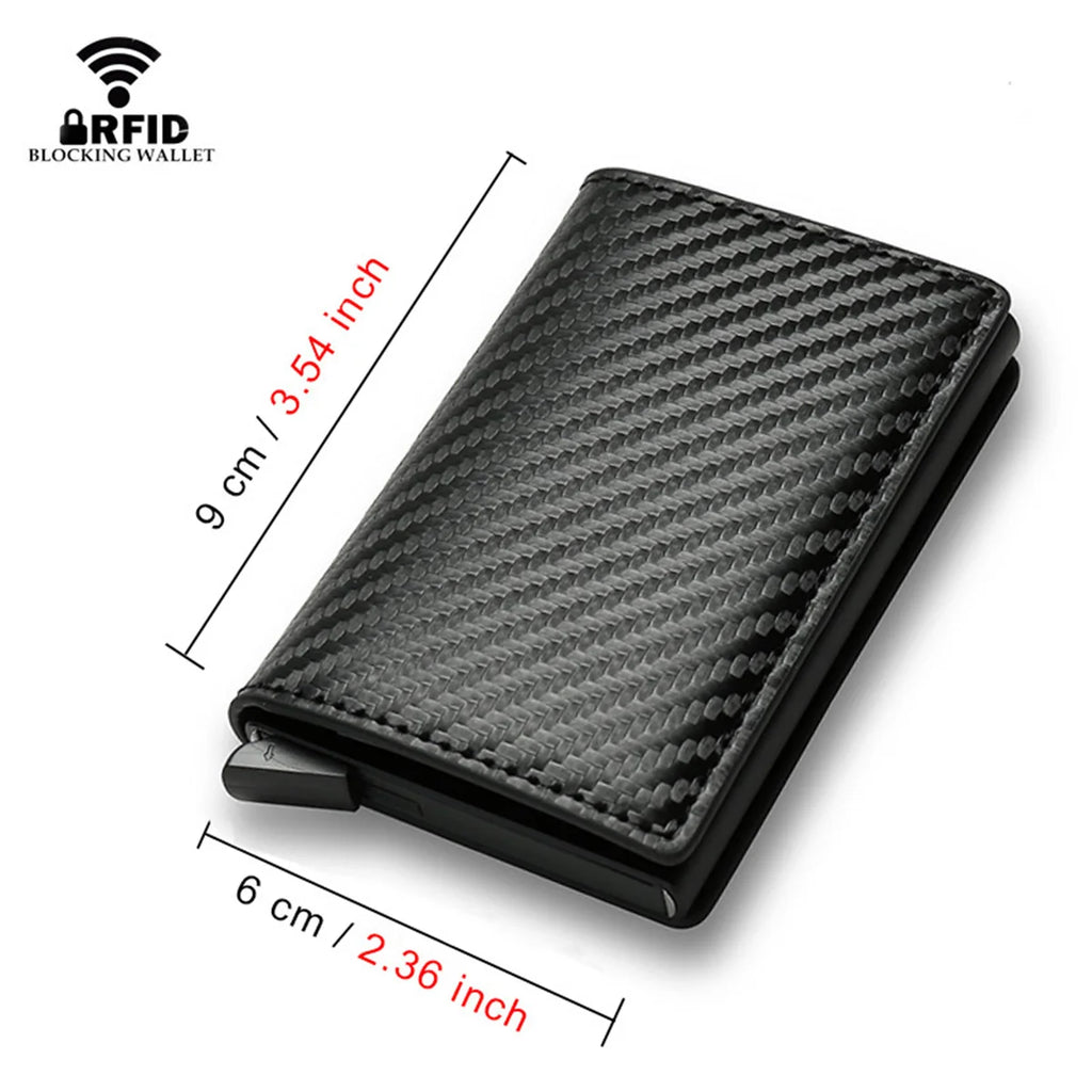 RFID Kartenetui aus Carbonfaser – Cartera delgada con mecanismo emergente, minimalista Kartenhalter aus PU-Leder para hombres y unisex 