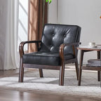 Nordischer Retro Holzstuhl mit Armlehnen – Minimalistischer Wohnzimmerstuhl aus Massivholz mit Lederbezug, Moderner Lounge- &amp; Sesselstuhl
