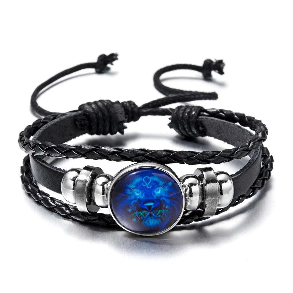 Zodiac Lederarmband mit Sternzeichen – Leuchtendes Vintage Multilayer Wickelarmband für Damen & Herren, 12 Sternzeichen Charm Armband