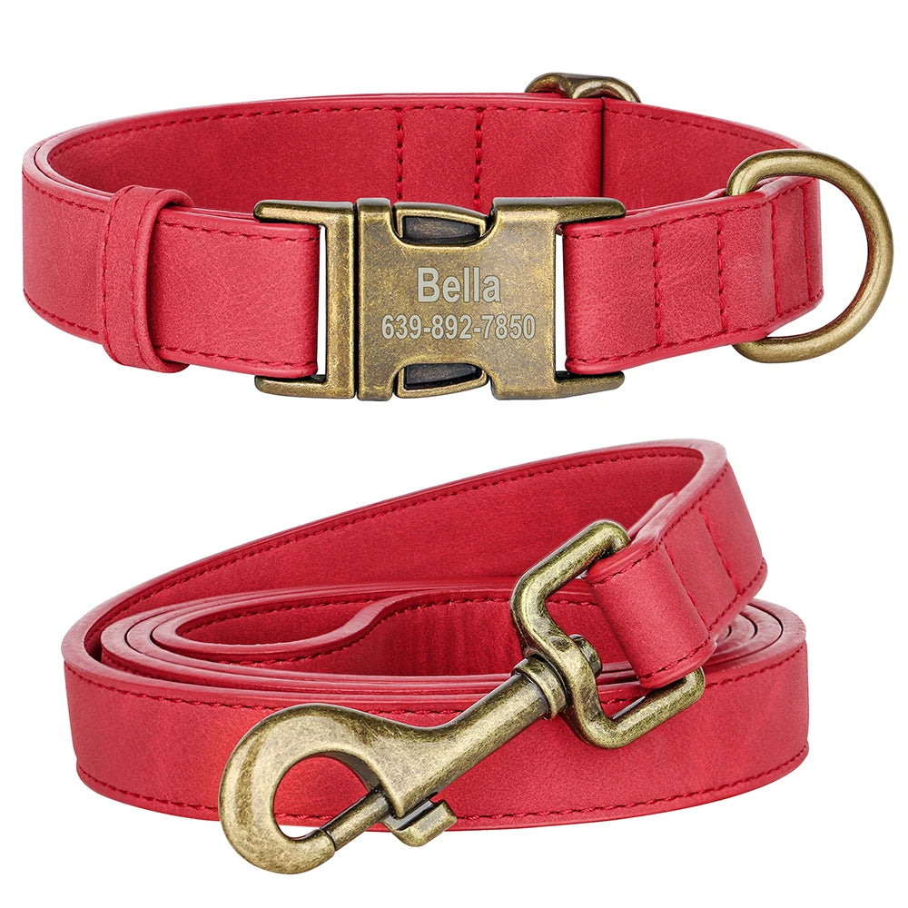 Personalisiertes Hunde-Halsband & Leinen-Set aus PU-Leder – Verstellbares Anti-Verlust Halsband mit gravierter Metallschnalle für kleine & mittelgroße Hunde