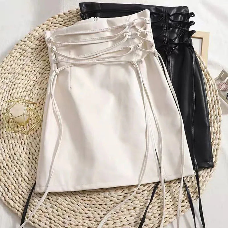 BIYABY Damen Leder Minirock – Gothic High-Waist Pencil Skirt mit Schnürung, Slim Fit Kunstlederrock mit Reißverschluss & Schlitz