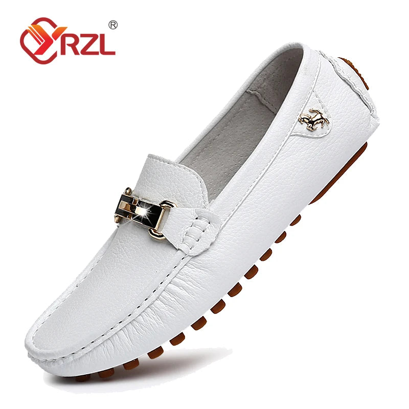 YRZL Herren Loafer aus PU-Leder – Handgefertigte Slip-On Mokassins, Komfortable Driving Shoes in Weiß für Alltag & Freizeit
