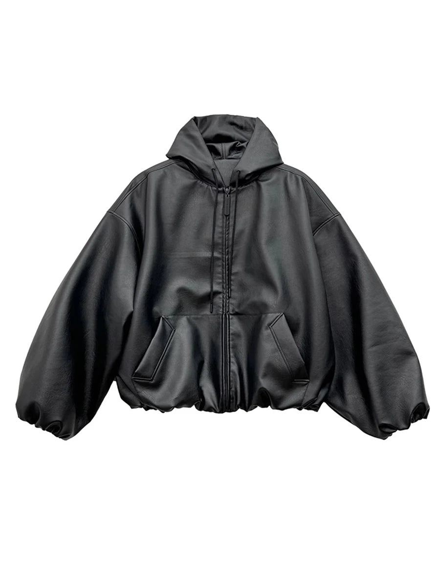 Kurze Oversize Herren PU-Lederjacke mit Kapuze – Schwarze Soft-Kunstlederjacke im Korean Style for Frühling &amp; Herbst