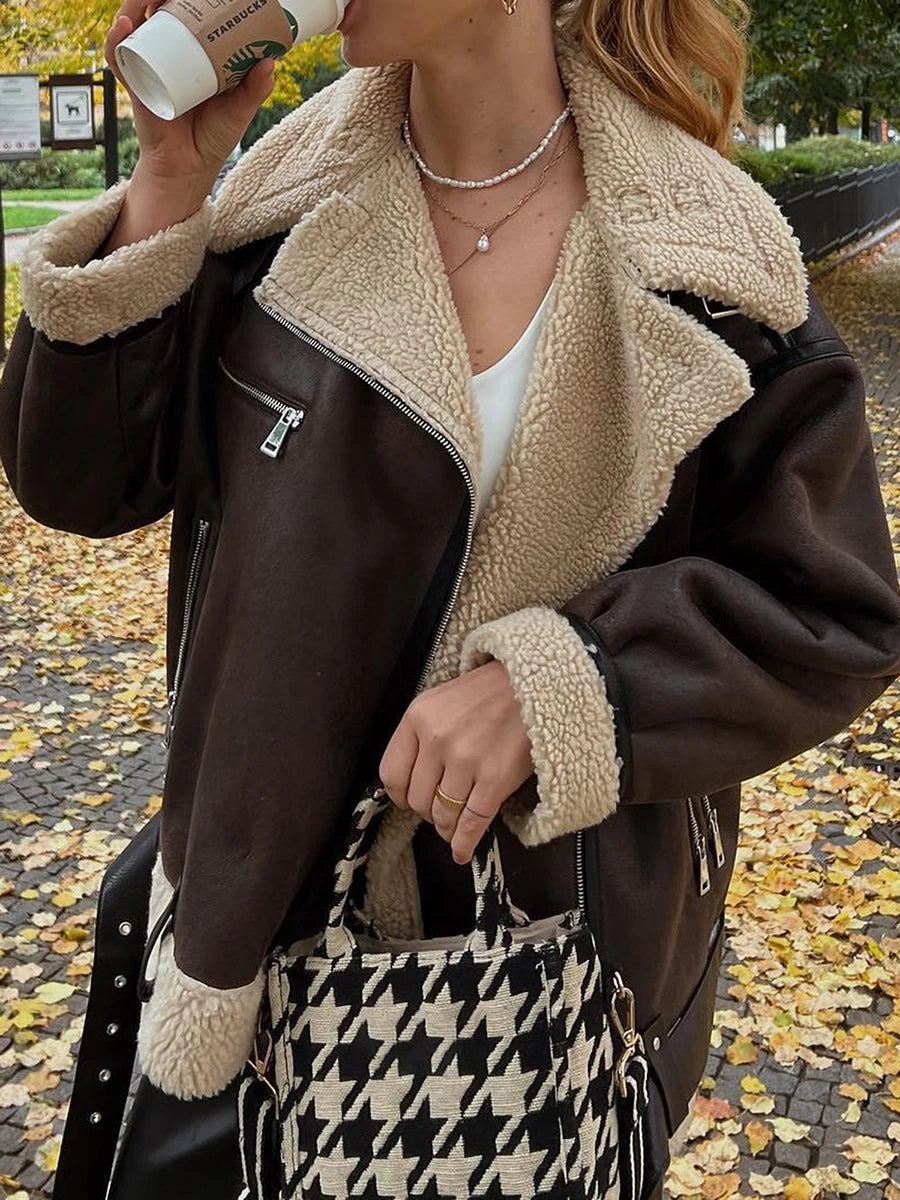 Damen Faux Lammfell Lederjacke – Kurze Bomberjacke mit Revers & Reißverschluss, warme Biker Aviator Jacke für Herbst & Winter