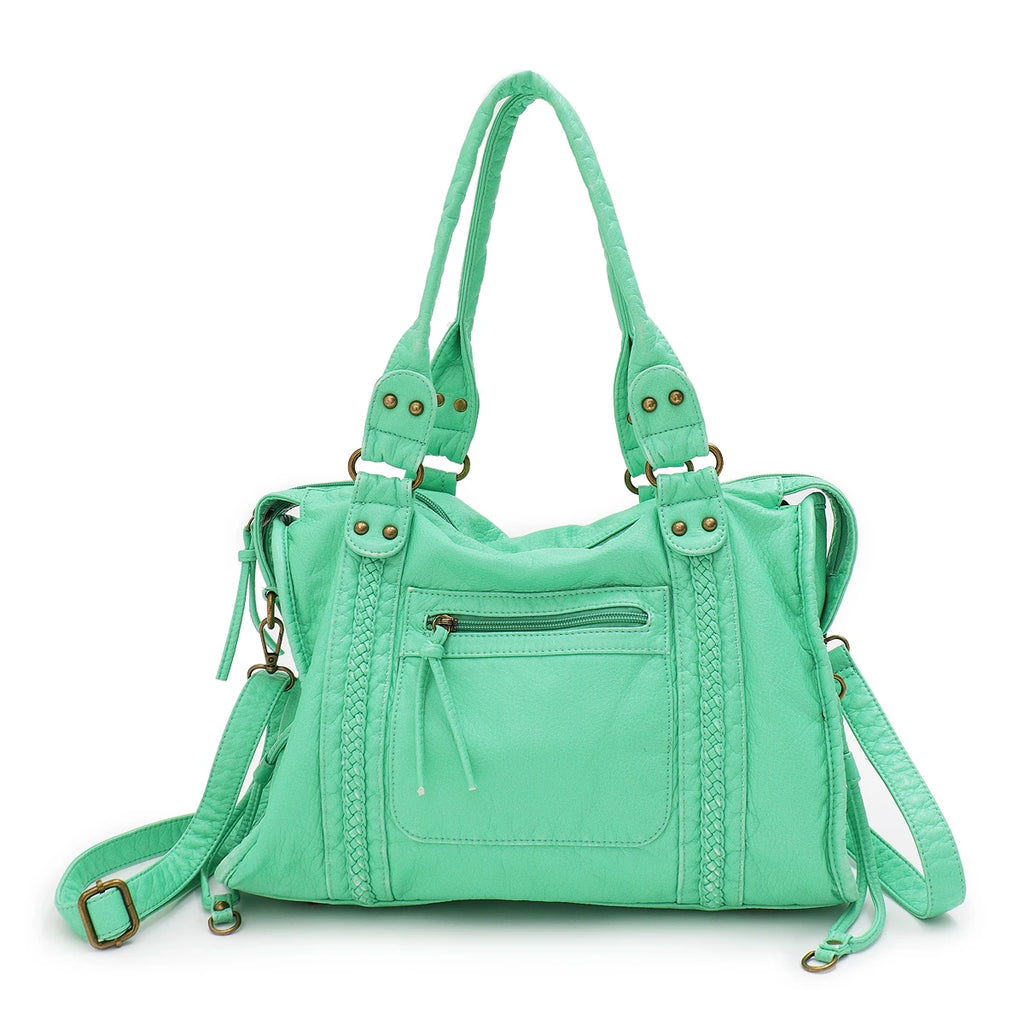 Vintage Tote Bag aus gewaschenem PU-Leder – Große Schulter- & Crossbody Tasche mit Zipperfächern, Flecht- & Quastendetails