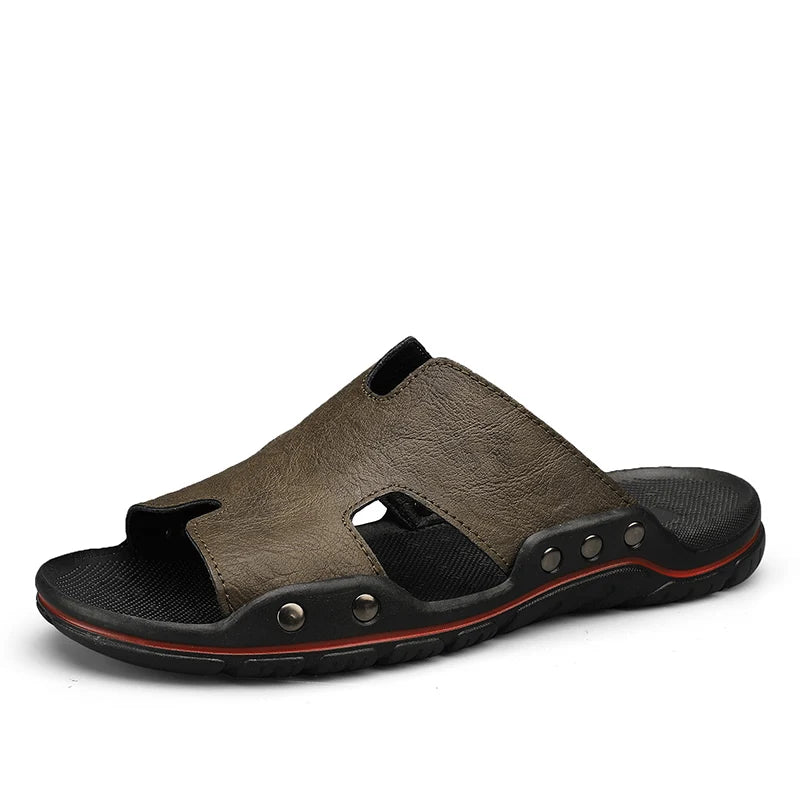 Herren Sommer Slipper aus echtem Leder – Atmungsaktive Clogs & Slides mit rutschfester Sohle, Bequeme Beach- & Outdoor-Sandalen in großen Größen