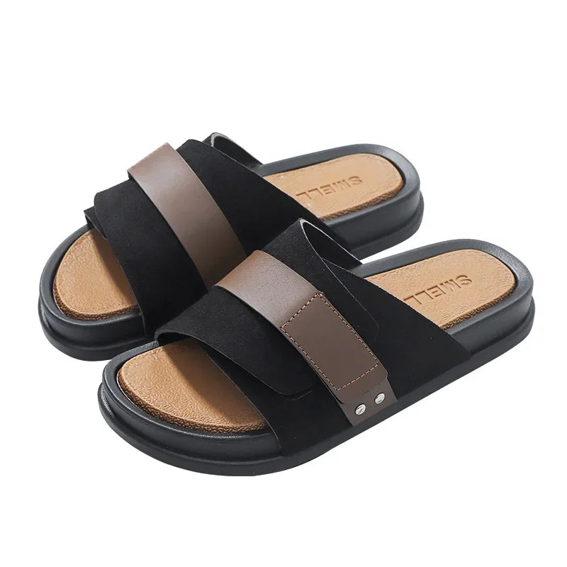 YBQJOO Herren Lederslipper 2023 – Sommerliche Outdoor-Slides, Dicksohlige Casual Sandalen, Bequeme Business- &amp; Freizeit-Hausschuhe