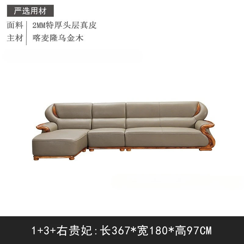 Luxuriöses Ecksofa aus Ebenholz &amp; Echtleder – Nouveau canapé en cuir de style chinois en forme de L, haut de gamme pour les femmes stilvolles
