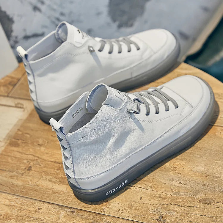 Baskets montantes pour femmes en cuir véritable – Chaussures à lacets avec chaussures vulcanisées, baskets décontractées confortables pour les vacances et les herbes 