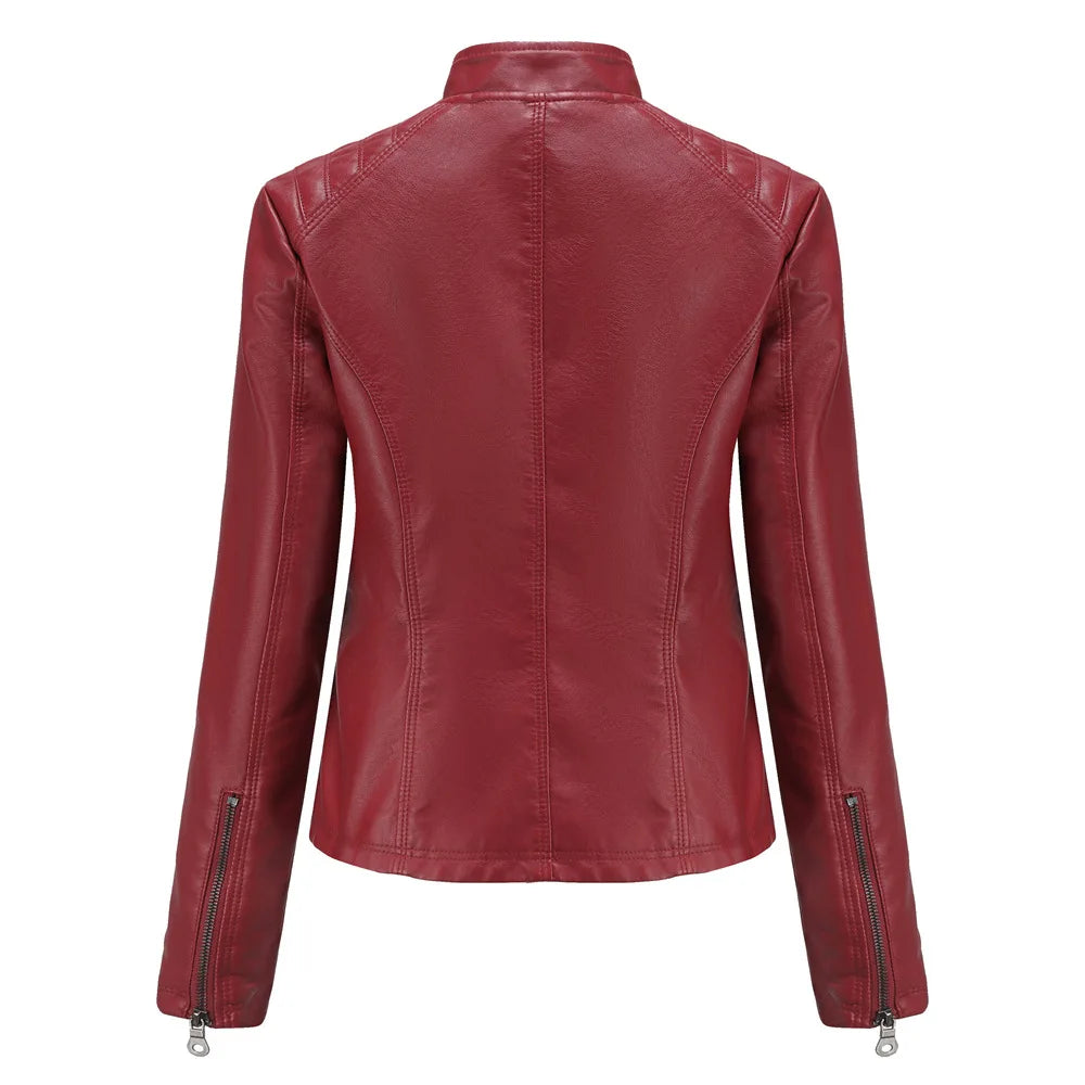 Damen PU Lederjacke Frühling – Kurz geschnittene Slim Fit Jacke mit Stehkragen & Reißverschluss, Klassische Casual Lederjacke
