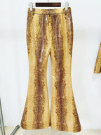 HIGH STREET Diseñador Damen Lederanzug 2025 – Schlangenleder-Optik Jacke mit Reißverschluss &amp; High Waist Schlaghose Set