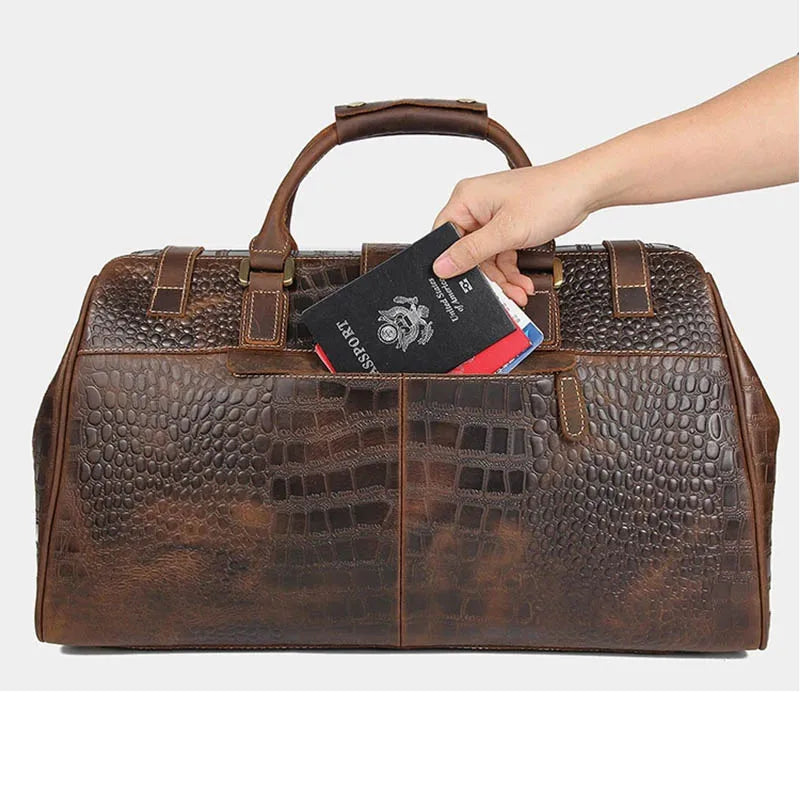 Luufan Vintage Crazy Horse Leder Reisetasche für Herren – Große Travel Duffle aus echtem Rindsleder mit Schloss & Krokodil-Prägung