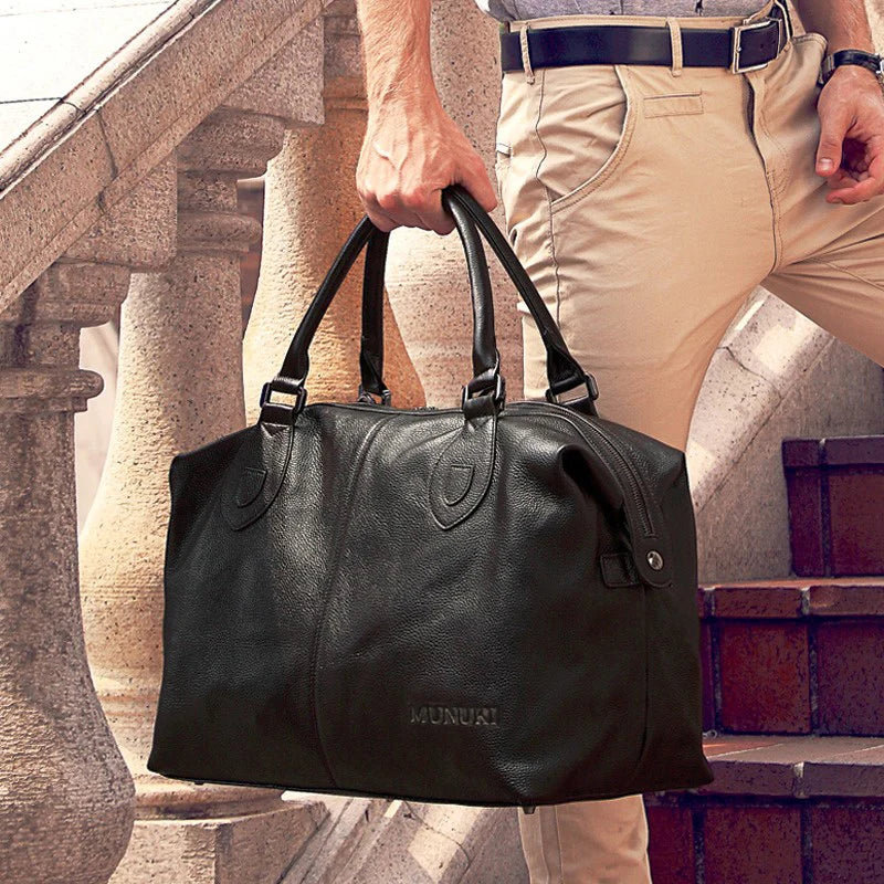 FANCODI Große Leder Reisetasche aus echtem Rindsleder – Elegante Herren Duffle & Tote Bag, schwarze Weekender Schultertasche