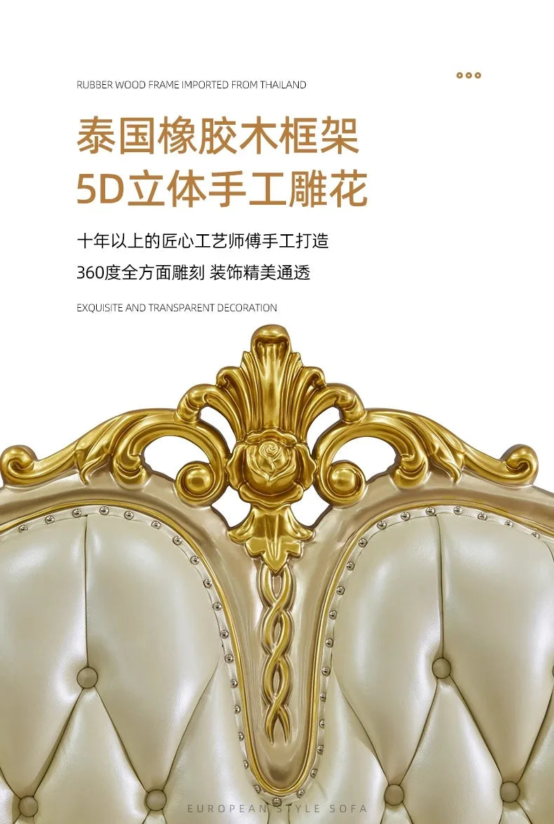 Europäisches Leder Ecksofa im französischen Stil – Massivholz Wohnzimmersofa in Champagner-Gold, L-Form Kombination