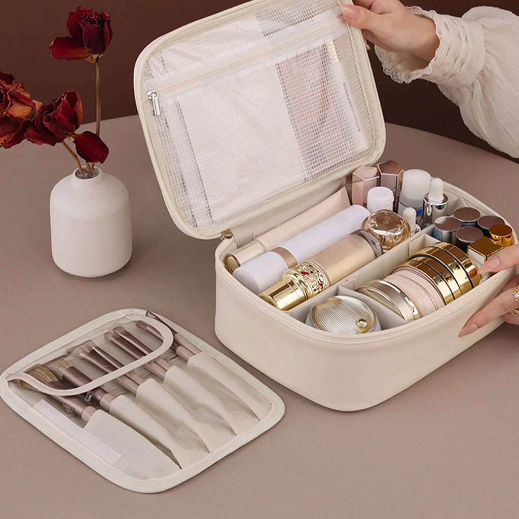 Große Reise Kosmetiktasche aus PU-Leder – Mehrlagiger, abnehmbarer Make-up & Toiletry Organizer, wasserdicht & elegant