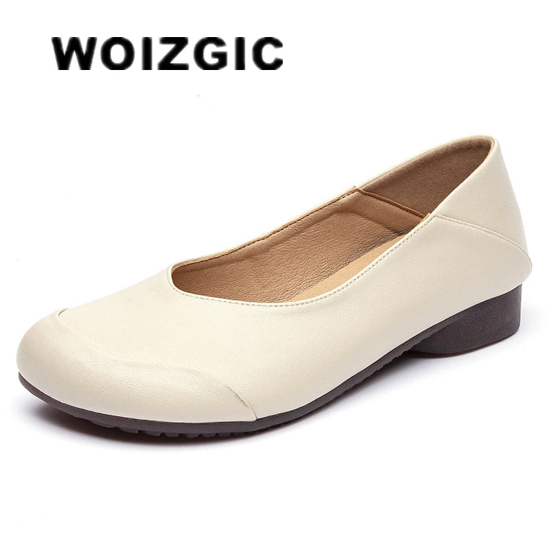 WOIZGIC Damen Flats JYDZ-89575 – Handgefertigte Lederschuhe, Slip-On Loafers, Retro Ballerinas, Bequeme Mokassins, Rutschfest