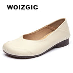 WOIZGIC Damen Flats JYDZ-89575 – Handgefertigte Lederschuhe, Slip-On Loafers, Retro Ballerinas, Bequeme Mokassins, Rutschfest